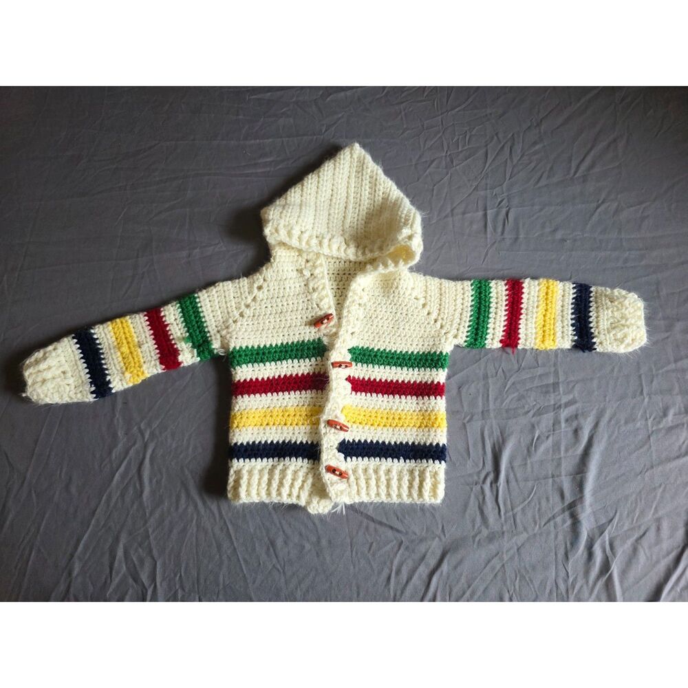 Handmade Crochet Bay Blanket Striped Hoodie Sweater - Baby Size 6-12 Months